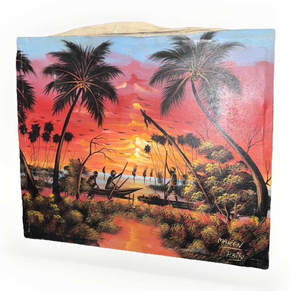 Original Haitian Oil Painting Signed Maken Haiti Tropical Sunset